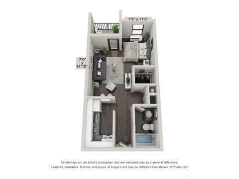 Studio 3D Floor Plan  at Club at Emerald Waters, Hollywood, FL